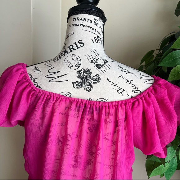 Mandee Sheer Off-Shoulder Ruffle Hem Top Pink Sz L - Picture 10 of 16